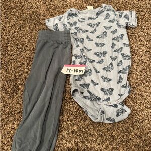 Kate Quinn Blue Butterfly Onesie and Gray Pants Set